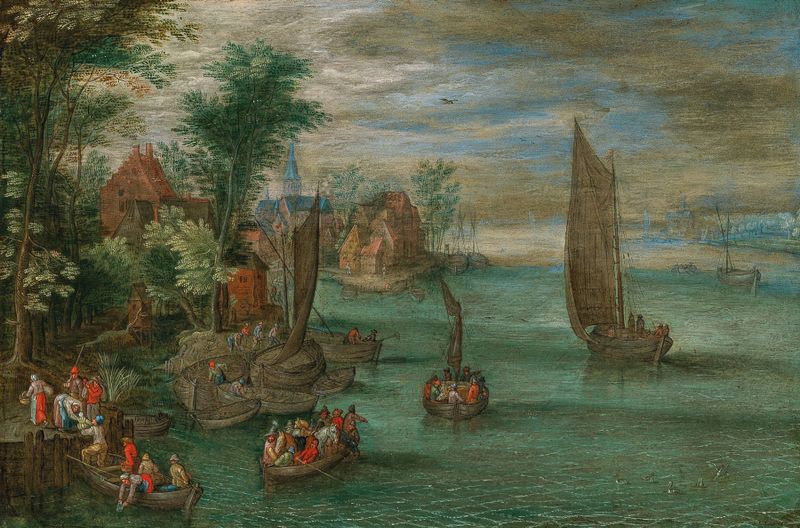 A river landscape with ferries and sailing boats, oil on canvas by Jan Brueghel the Younger