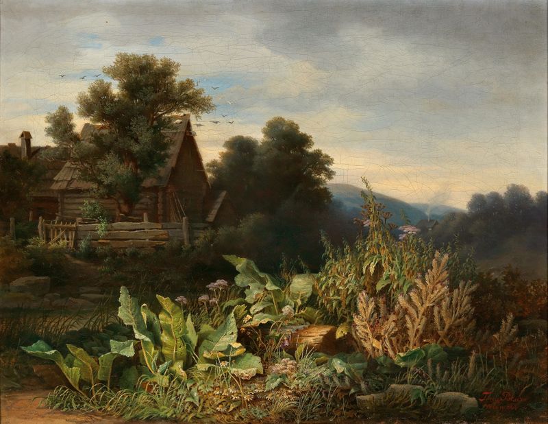 At a Creek de Tina Blau, pintura a óleo impressionista que retrata um riacho tranquilo à luz do outono.