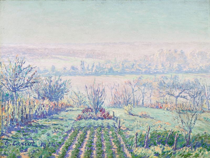 Paisaje con colinas brumosas, óleo sobre lienzo de Gustave Cariot