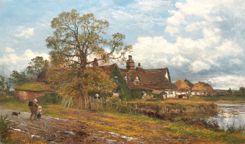 oil painting of a rural landscape with a farmhouse by Benjamin Williams Leader