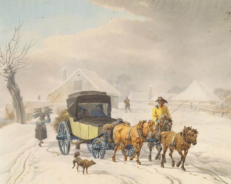 Stagecoach in Winter by Wilhelm von Kobell, oil on canvas depicting a stagecoach in a snowy landscape