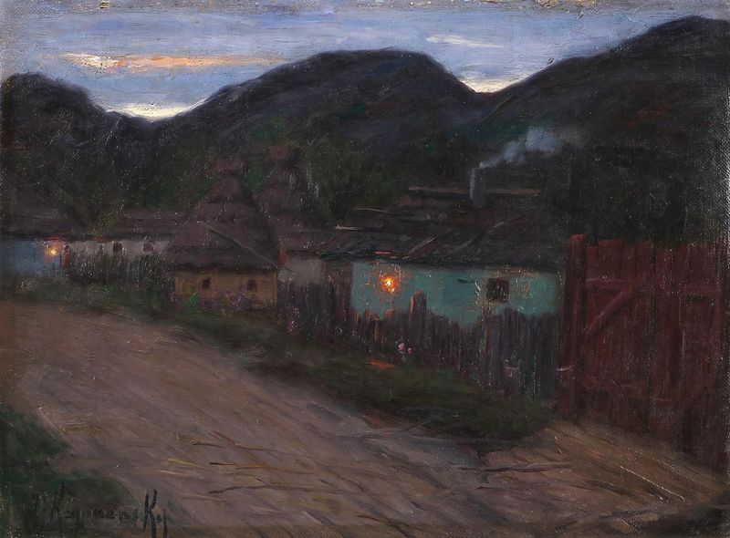 Landscape of a village street at night, oil painting by Jakob Koganowsky