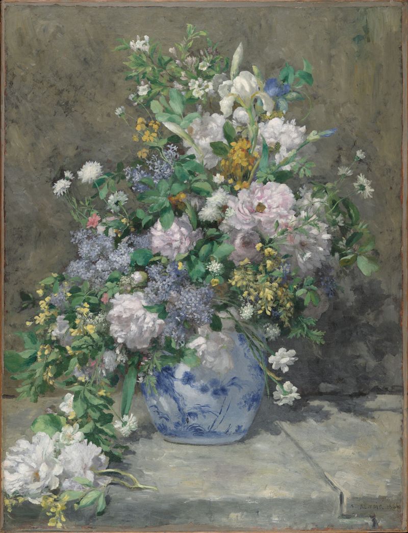 Spring Bouquet de Pierre-Auguste Renoir, óleo sobre tela, com flores coloridas em flor.