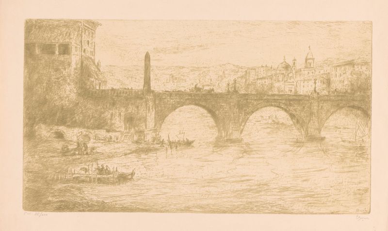Pintura de paisaje al óleo de Etienne Bosch que representa un puente al atardecer en Roma