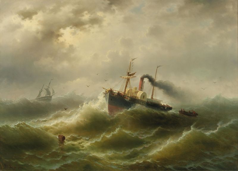 Steamboat in a storm on the North Sea, oil on canvas by Albert Rieger