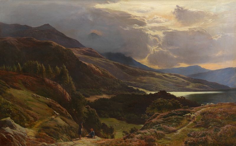 Paisaje de Loch Tay por Sidney Richard Percy, pintura al óleo con aguas serenas y montañas.