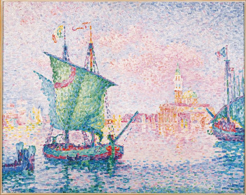 Venecia, La Nube Rosa de Paul Signac, óleo sobre lienzo, presenta nubes rosas y reflejos en el agua.
