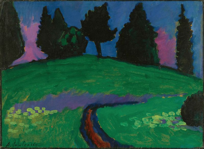 Dunkle Bäume über Grünem Hang by Alexej von Jawlensky, oil painting depicting dark trees on a green slope.