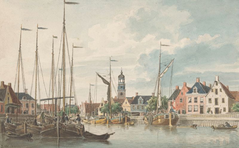 Gezicht te De Lemmer by Jan Weissenbruch, oil painting depicting a calm canal with boats and clouds.