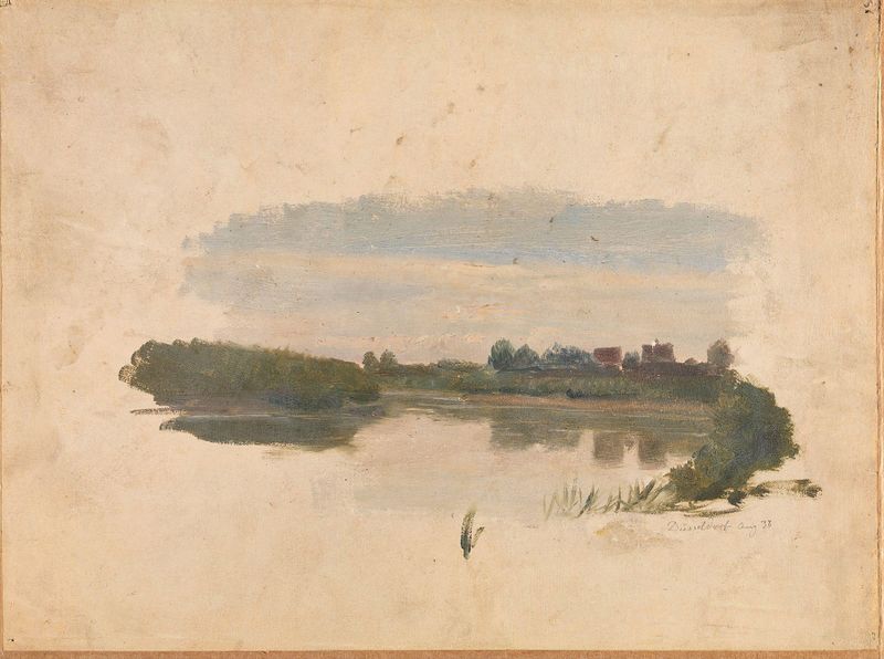 Estudo de Paisagem de Adolph Tidemand, óleo sobre tela representando colinas e um riacho.