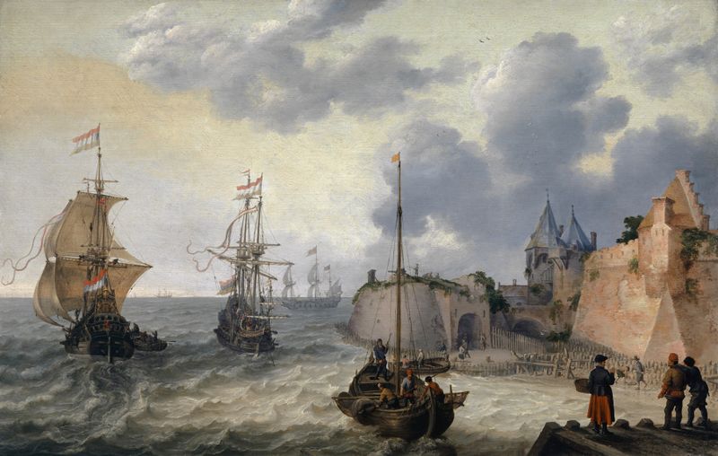 Dutch Harbour with Sailing Ships by Adam Willaerts, oil painting depicting moored ships in a tranquil harbor.
