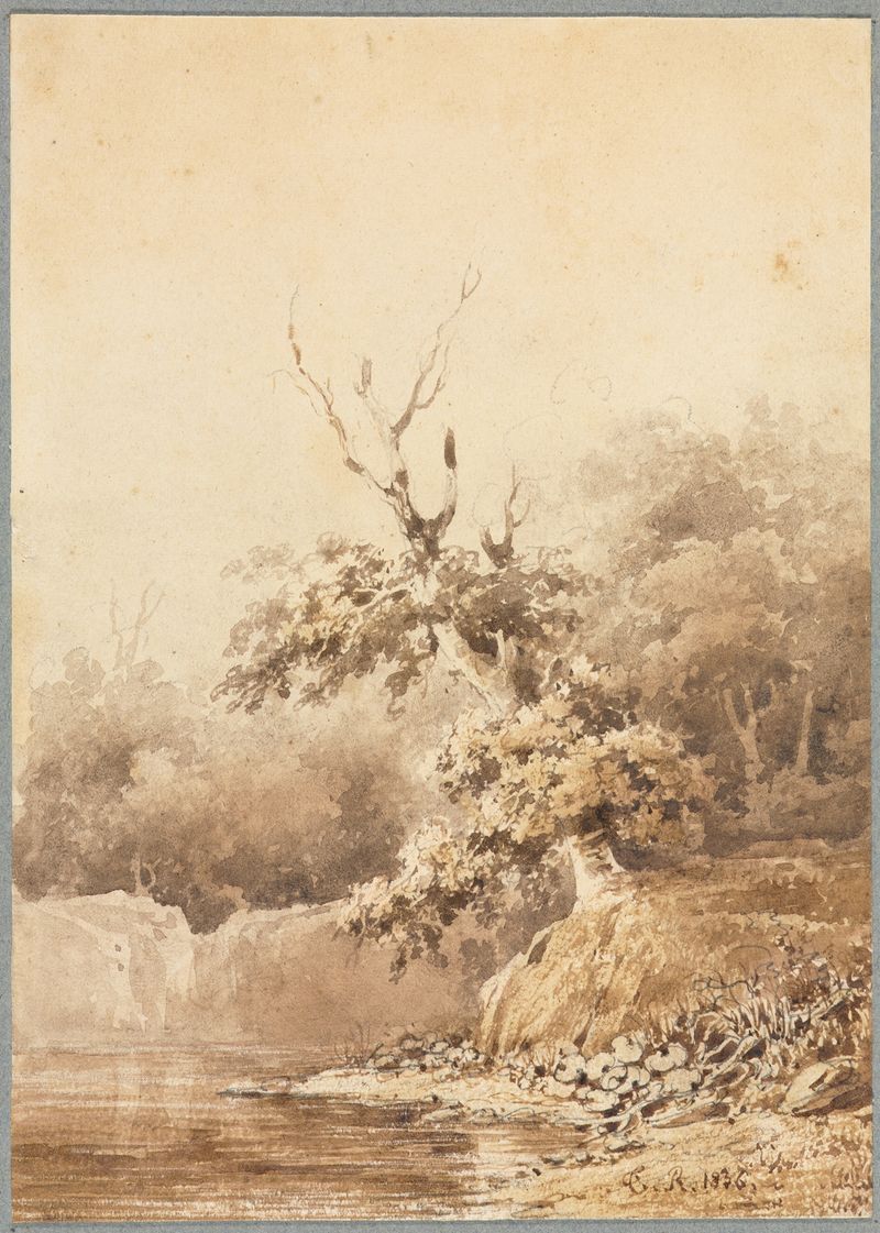 Pintura al óleo de paisaje de Théodore Rousseau que muestra colinas y un árbol solitario al atardecer