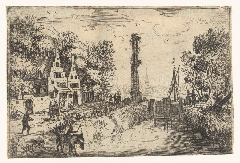 Paisaje de pueblo con una compuerta, grabado de Jan Brueghel (I)