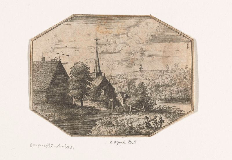 Grabado de paisaje de Unknown Artist que muestra un pueblo junto a un río