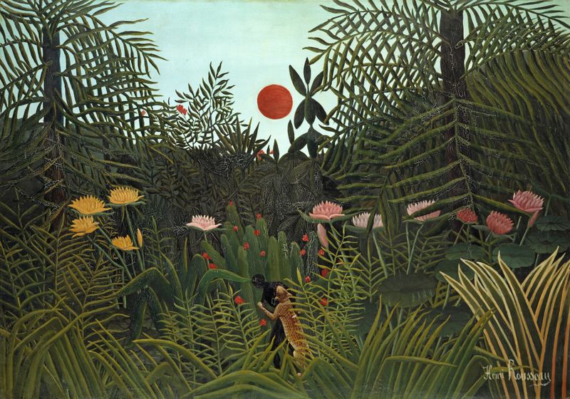 Jungle with Setting Sun, oil on canvas by Henri Rousseau featuring vibrant foliage and sunset.