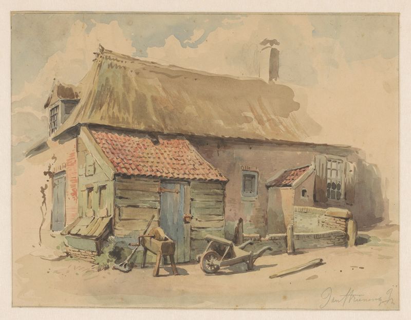 Realism artwork by Jan Striening depicting a farmhouse with a wheelbarrow and a grinding stone