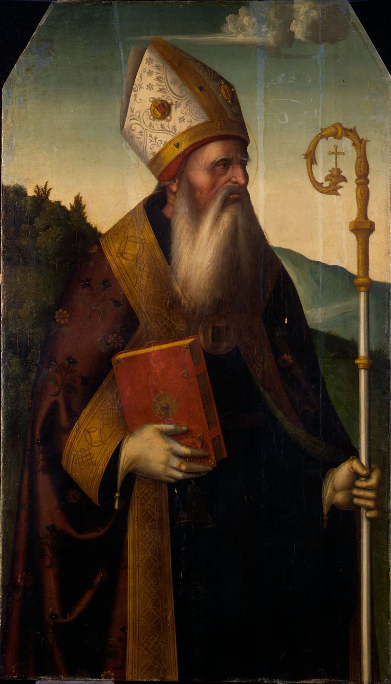Bishop Saint de Marco Palmezzano, óleo sobre painel, retrata um santo em ricos trajes com cores luminosas.
