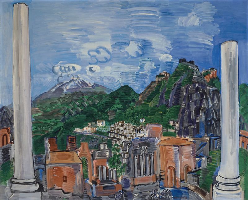 Le théâtre antique de Taormina de Raoul Dufy, óleo sobre lienzo, que representa un antiguo anfiteatro y paisaje.