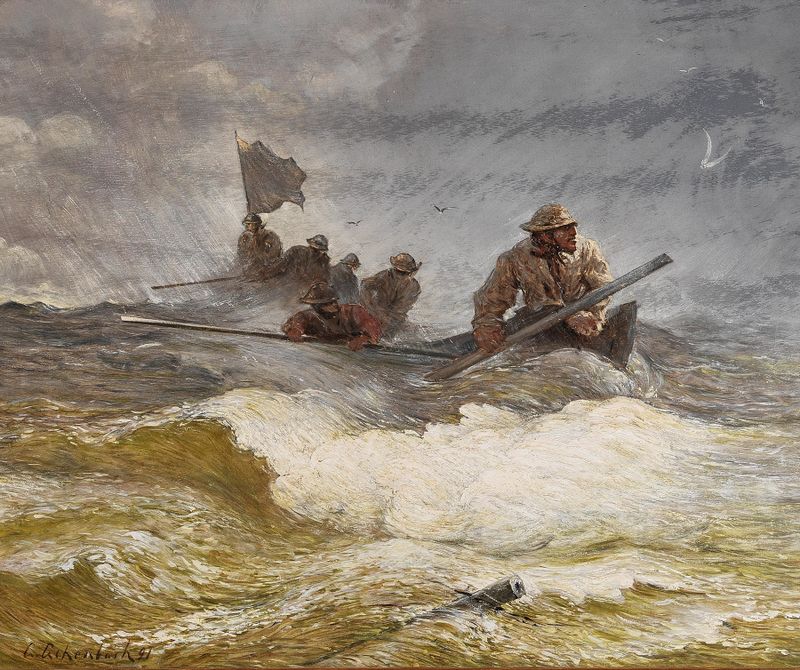 Rescue at Sea by Andreas Achenbach, oil on canvas, depicting a lifeboat amidst turbulent waves