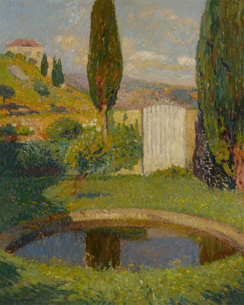 Paisagem com água e árvores, pintura a óleo de Henri Martin