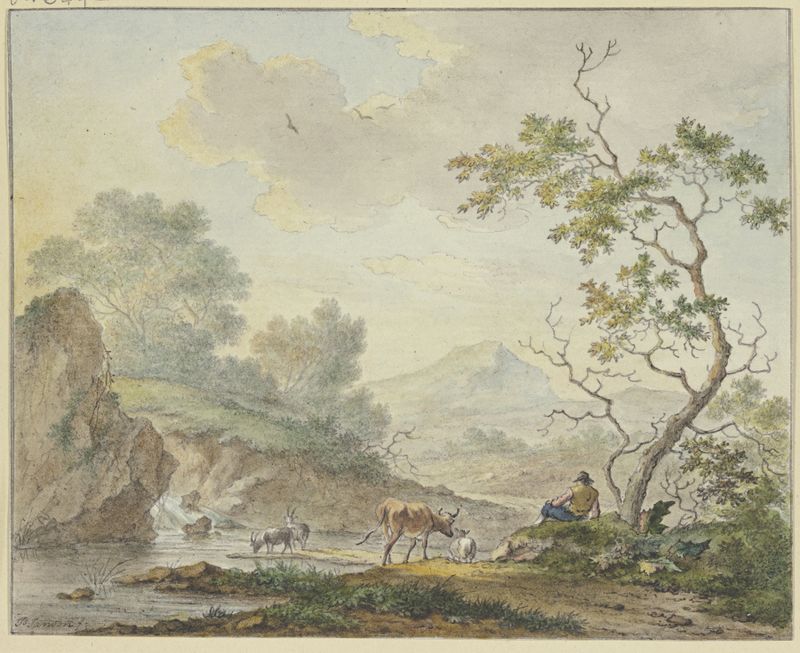 Pintura al óleo de Johannes Christiaan Janson que muestra un pastor con una vaca y cabras cerca de una cascada.