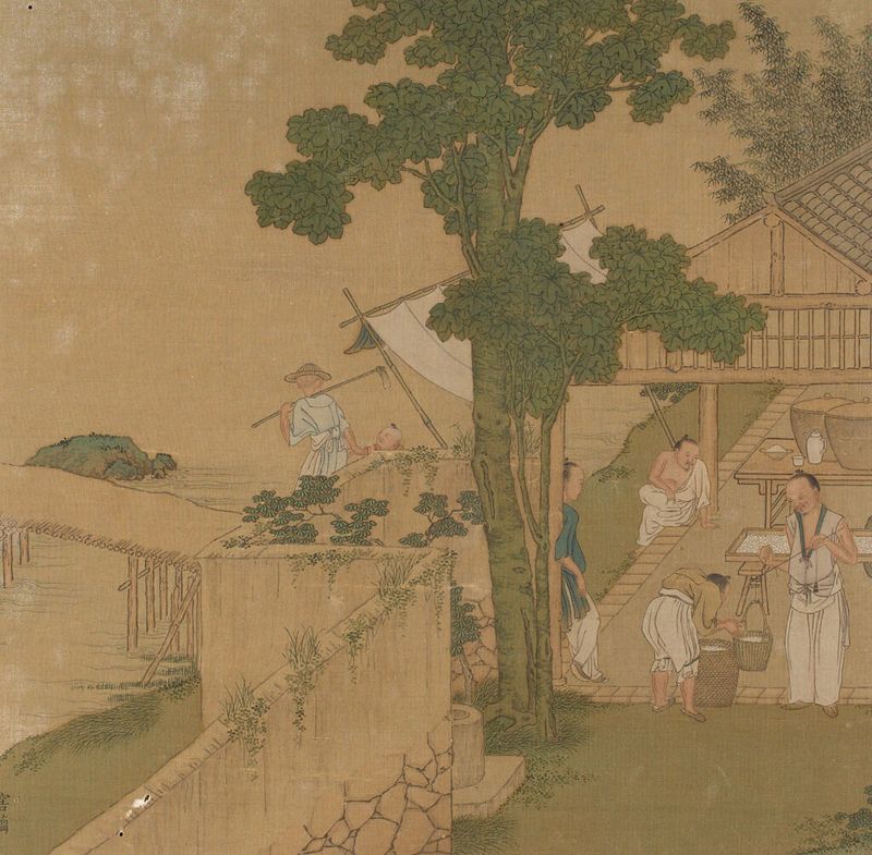 Decorative art on silk by Qiu Ying featuring rice and silk culture.
