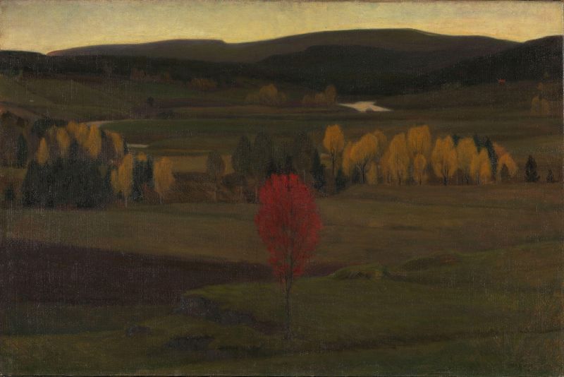Landskap de Lars Jorde, óleo sobre tela retratando uma paisagem montanhosa.