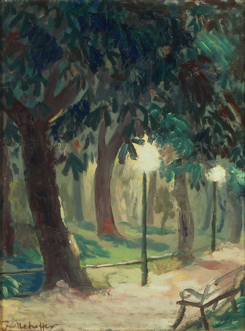 Planty Park in Kraków by Józef Mehoffer, oil on canvas depicting trees and light filtering through foliage.