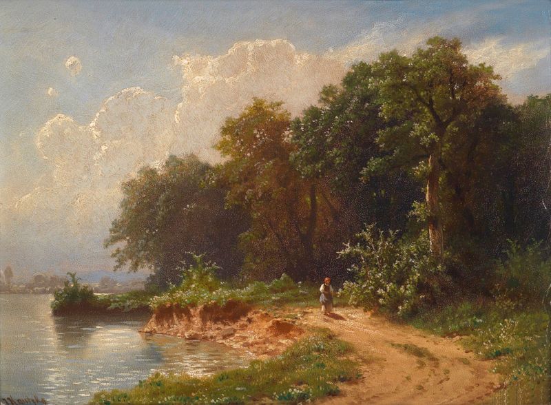 Lakeside landscape by Johann Kautsky, Romanticism, depicting gentle ripples and distant figures.