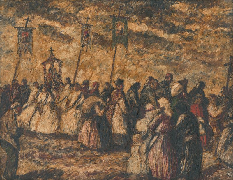 Dedinská procesia by Károly Kotász, oil on canvas depicting a solemn procession of figures.