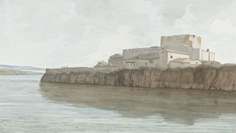 Aquarela de Abraham-Louis-Rodolphe Ducros representando Gezicht op kasteel van Brucoli, ‘La Bruca’ ao pôr do sol.