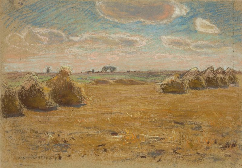 Paisagem de verão de Jan Stanisławski, óleo sobre tela que representa um campo com pilhas de grãos.