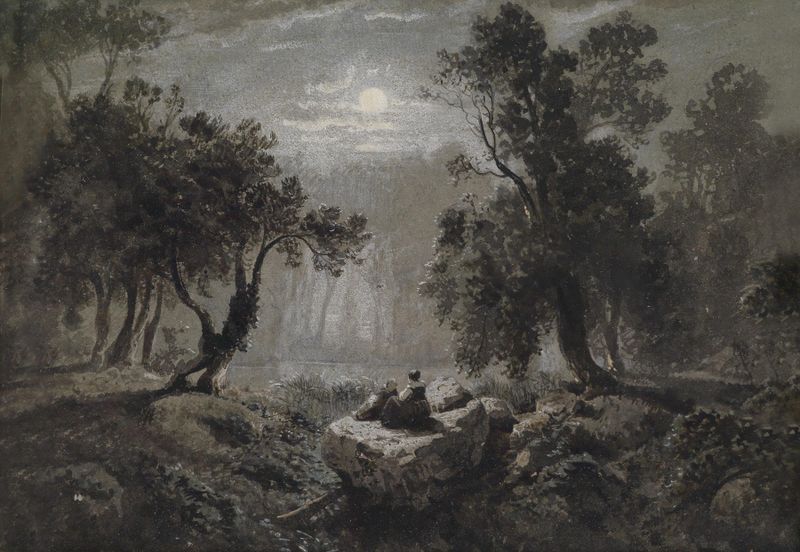 Pintura al óleo de Oswald Achenbach que muestra un bosque tranquilo bajo la luz de la luna.