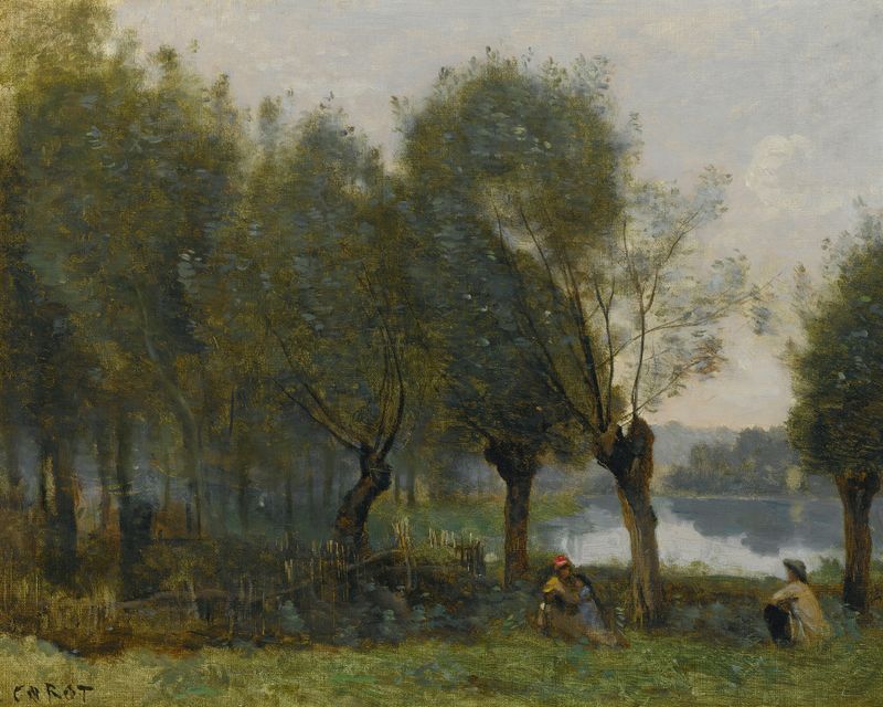 Montgeron-Saulaie Au Bord De L’eau de Jean-Baptiste-Camille Corot, óleo sobre lienzo que representa una escena de río tran...