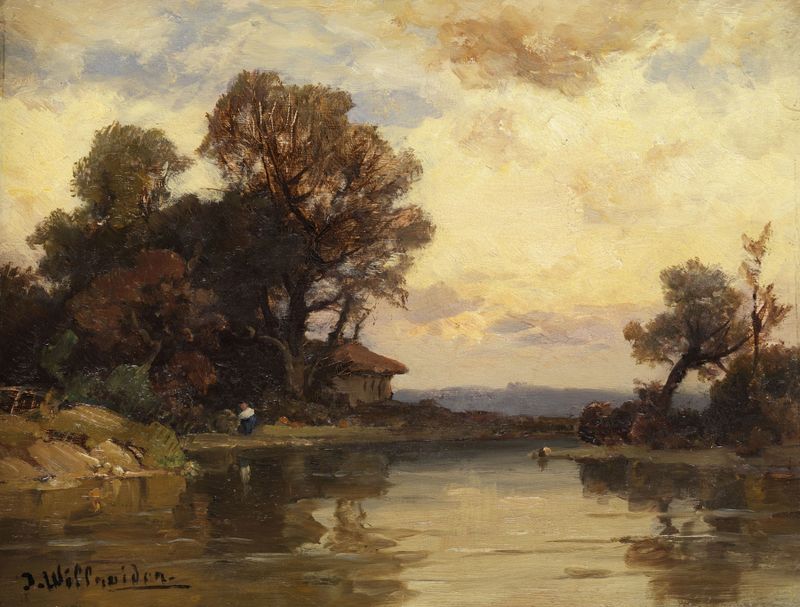 Baumlandschaft de Josef Willroider, óleo sobre tela retratando uma paisagem exuberante com árvores e luz solar.