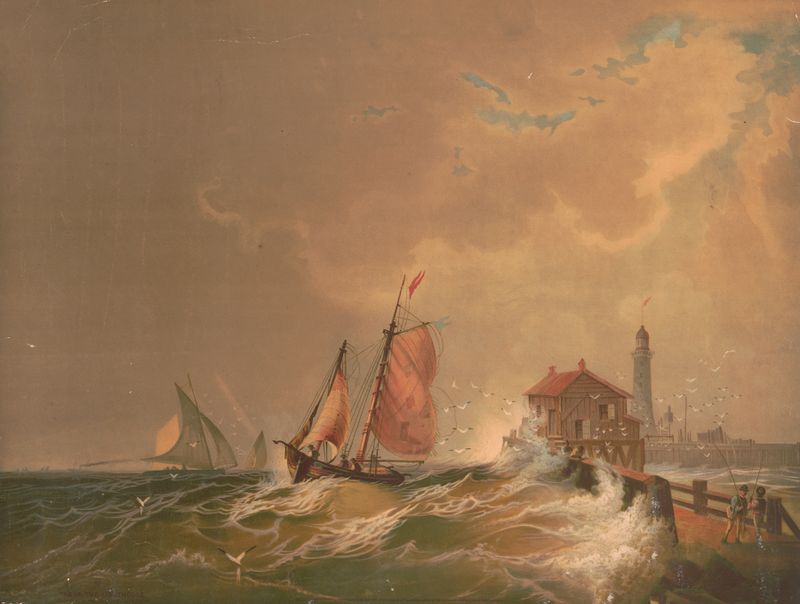 Coastal landscape with a lighthouse, lithograph by Krebs Lith. Co