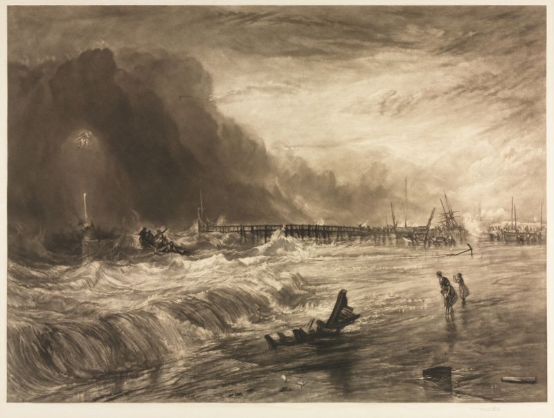 Engraving by Sir Frank Short depicting a ship battling stormy waves