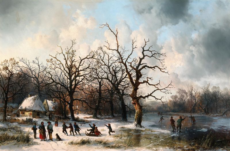 Escena de género de niños jugando en la nieve, óleo sobre lienzo de Josef Carl Berthold Püttner