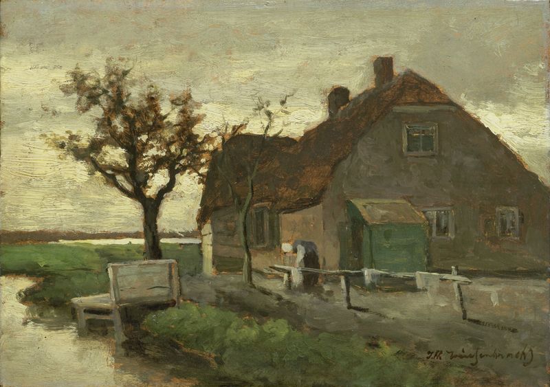 Realism oil painting by Johan Hendrik Weissenbruch depicting a farmhouse by a river