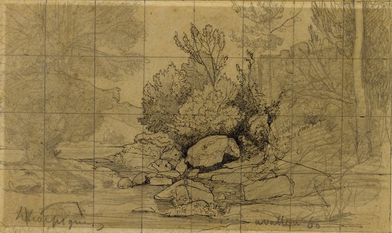 Pintura al óleo de Henri-Joseph Harpignies que representa un paisaje tranquilo con árboles y luz.