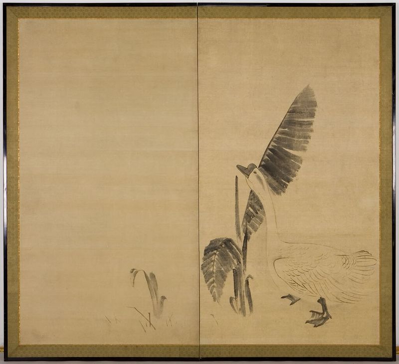 Goose and Small Banana Leaf de Maruyama Ōkyo, tinta sobre papel, com um ganso e uma folha de banana.