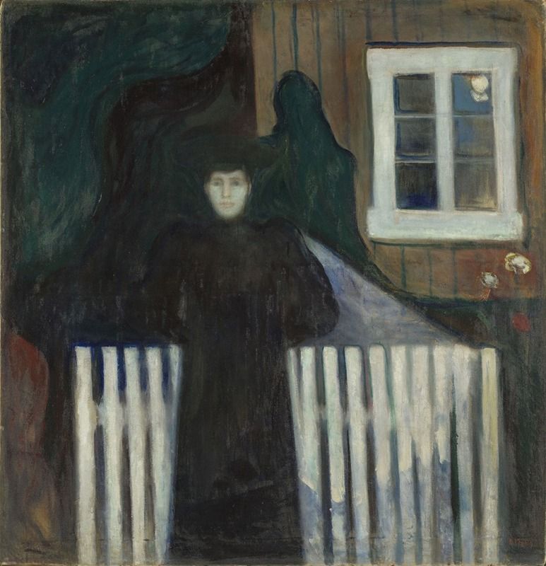 Moonlight by Edvard Munch, oil on canvas depicting a silhouette by the water under moonlight.