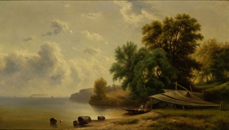 Landscape with Campsite, oil on canvas by Robert S. Duncanson, featuring a tent and lush greenery.