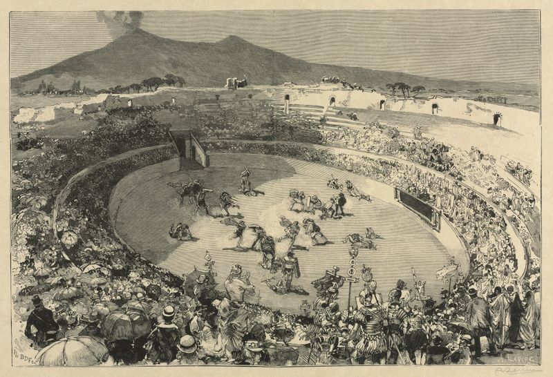 Gravura de Auguste Louis Lepère mostrando gladiadores e uma cena de festival