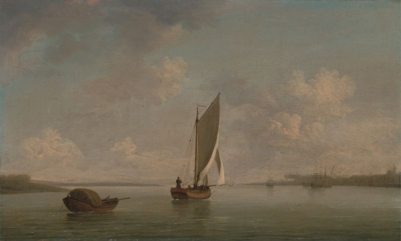 A Smack Under Sail in a Light Breeze in a River, oil on canvas by Charles Brooking