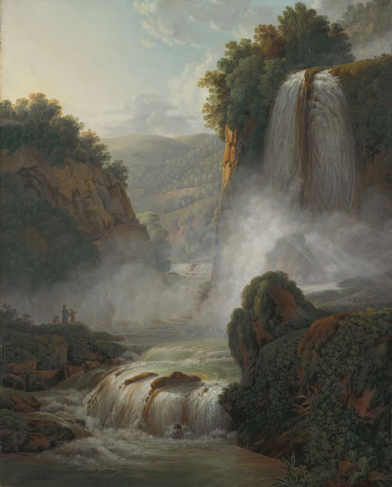 Waterfall near Tivoli de Peter Birmann, óleo que muestra un paisaje exuberante.