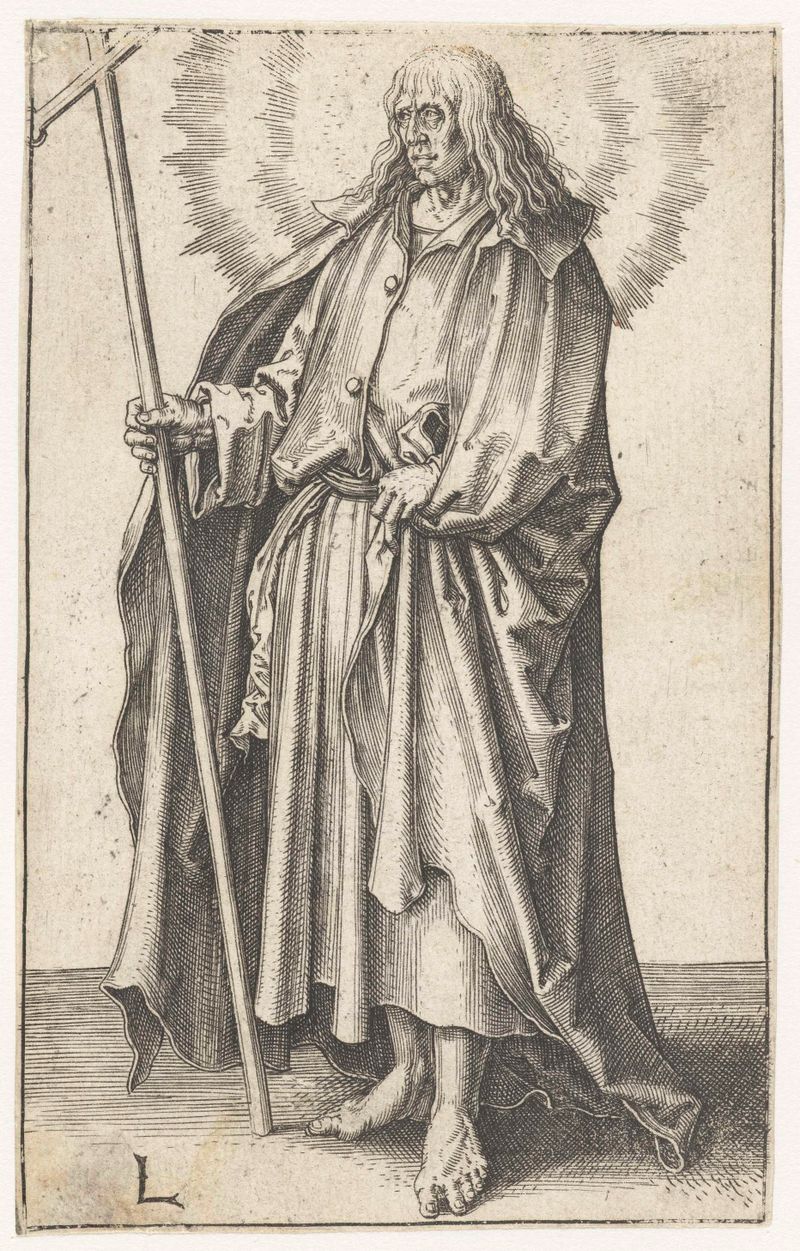 Grabado de Lucas van Leyden que representa al apóstol Felipe en túnicas vibrantes