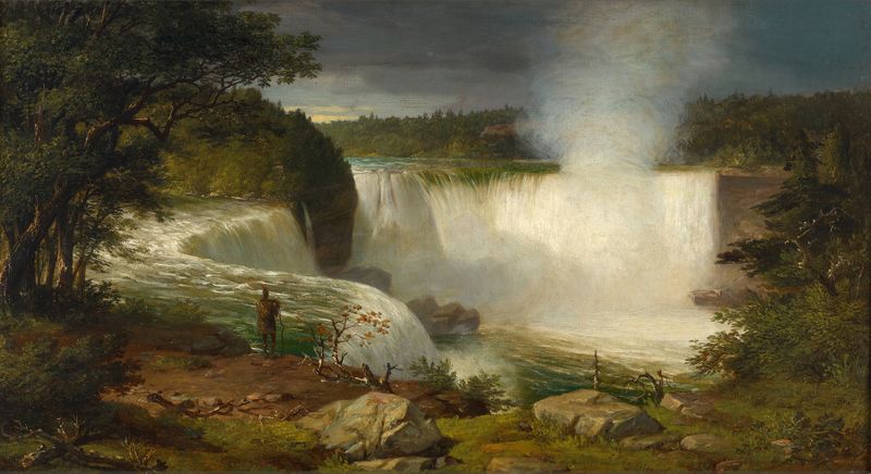 Pintura al óleo de Niagara Falls por Thomas Prichard Rossiter que muestra una cascada y vegetación exuberante.