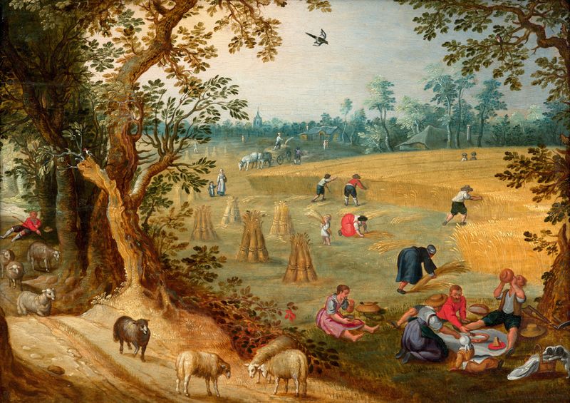 A Colheita de Sebastien Vrancx, pintura a óleo que retrata figuras colhendo trigo em um campo de verão.