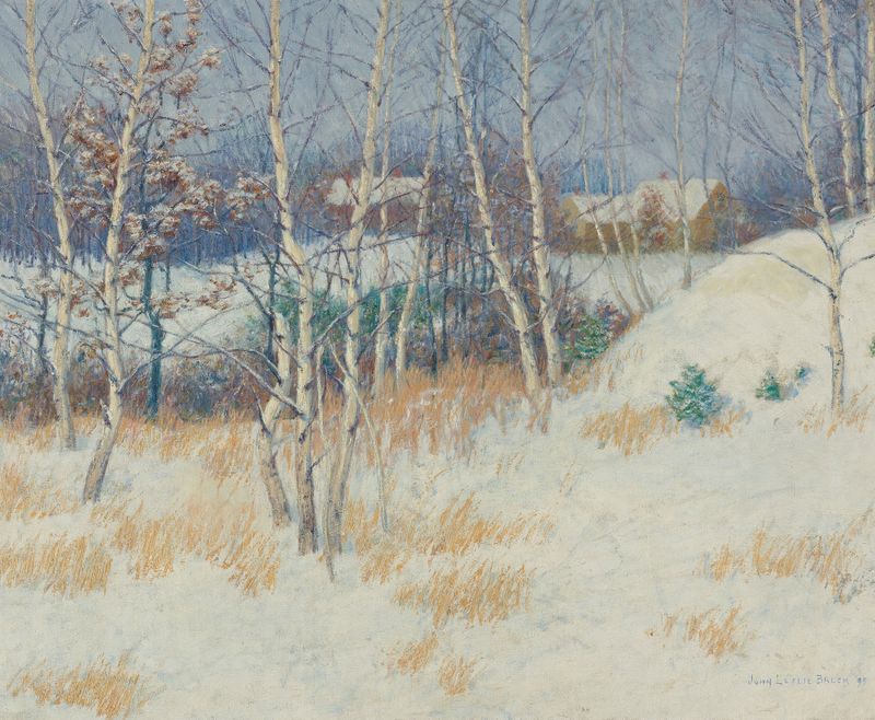 Stand Of Birch Trees In Winter, oil on canvas by John Leslie Breck, featuring birch trees in a snowy landscape.